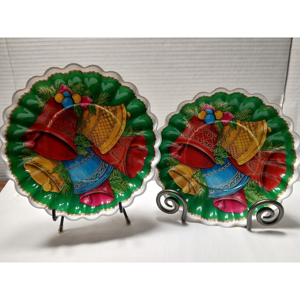 Vintage Plastic Christmas Bell Cookie Trays Plates Scalloped Edge Mid Century